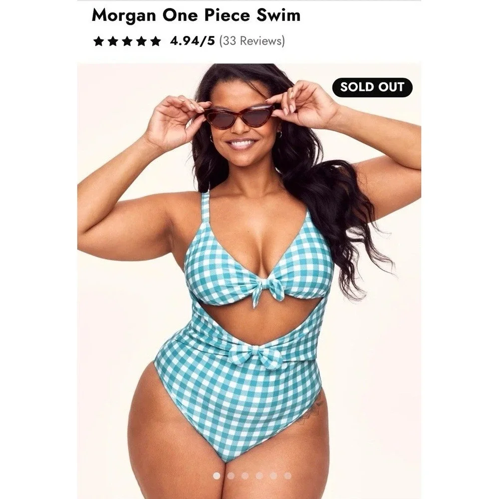 Adore Me Gingham One Piece Swimsuit 0X‎ Blue White Cutout Bow Front NWT Plus